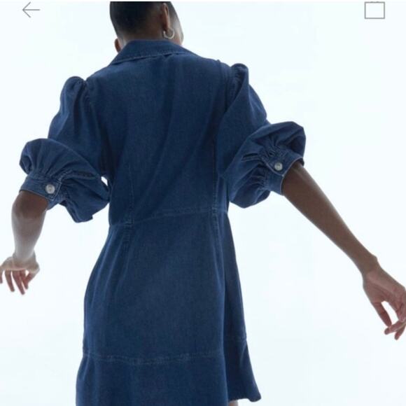 Zara Blue Double Breasted Puff Sleeve Denim Mini Dress Blogger Favorite NEW - Picture 7 of 16